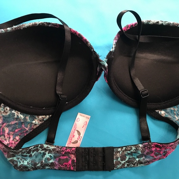 Turquoise and fuchsia patterned, padded, lace bra - Picture 2 of 3